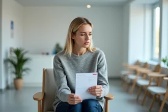 Femme fatiguée tenant ses résultats de prise de sang dans une salle d'attente médicale, illustrant le lien entre TCMH élevé et fatigue persistante
