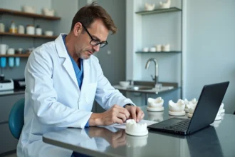 Technicien dentaire en laboratoire assemble des moulages dentaires