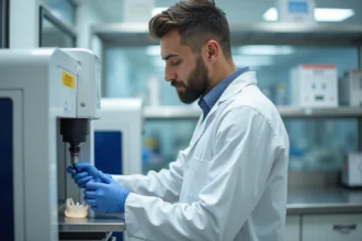 Technicien dentaire calibrant une machine de fraisage moderne