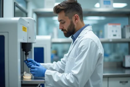 Technicien dentaire calibrant une machine de fraisage moderne