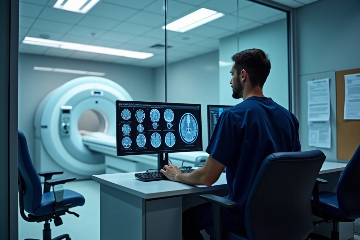 Technicien radiologue opérant une console d'IRM ouvert depuis la salle de contrôle