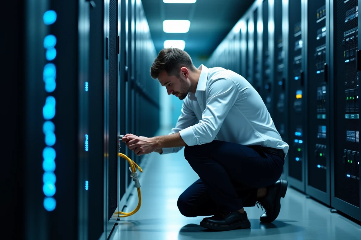Technicien informatique configurant la sécurité réseau d'un data center hospitalier pour la protection des données de santé