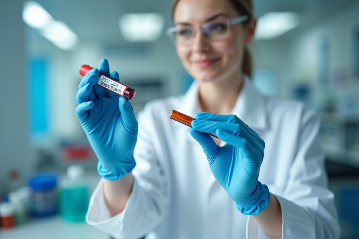 Technicienne de laboratoire manipulant un tube d'analyse sanguine pour mesurer les enzymes hépatiques comme les Gamma GT