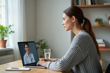 Patiente en téléconsultation dentaire depuis son bureau à domicile, regardant un écran d'ordinateur portable lors d'un suivi en ligne avec son chirurgien-dentiste