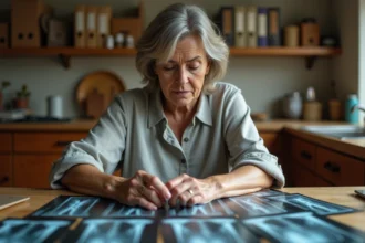 Femme triant des anciennes radiographies médicales sur une table en bois à domicile pour organiser ses archives médicales
