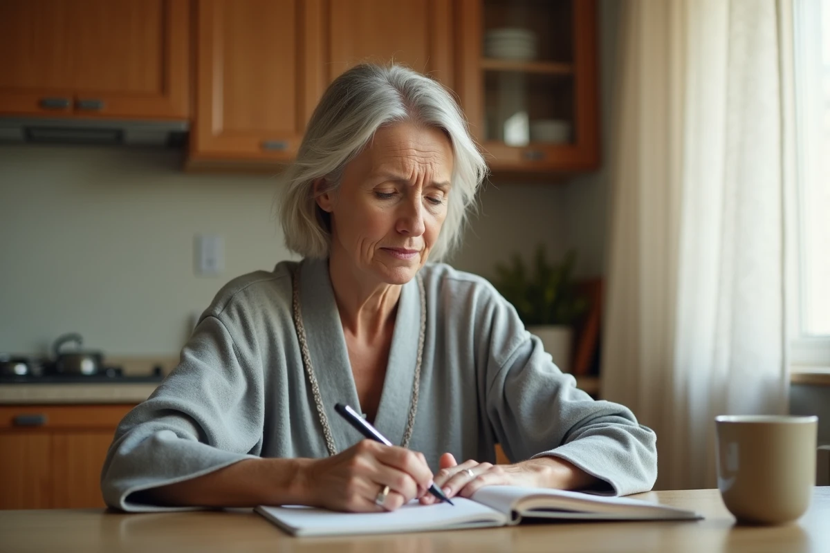 Femme d'âge mûr en convalescence assise à la table de cuisine, regard perdu dans le vide, illustrant les troubles de la mémoire et de la concentration après une anesthésie générale