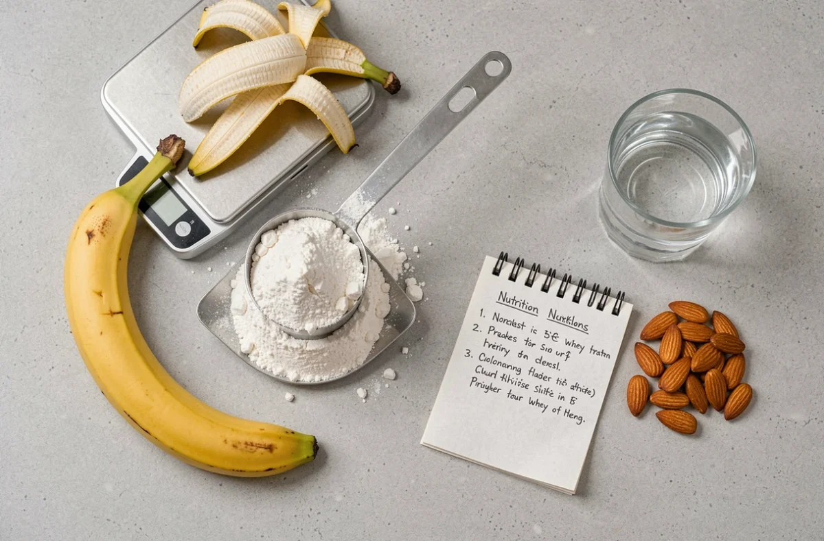 Vue de dessus d'une dose de whey protéine avec une balance alimentaire et un plan nutritionnel pour maigrir sans perdre de muscle