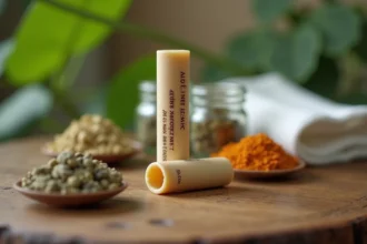 Yadom thaïlandais traditionnel posé sur une surface en bois entouré de plantes médicinales séchées et de feuilles d'eucalyptus dans une pharmacie naturelle